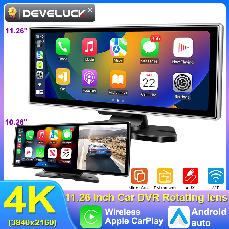 10/11.26 인치 대시 캠 4K 자동차 DVR 무선 Carplay 및 안드로이드 자동 GPS 네비게이션 비디오 레코더 대시 보드 듀얼 렌즈 Wifi FM AUX