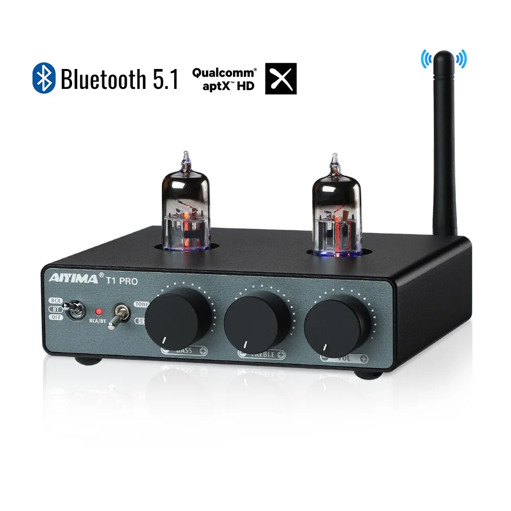 AIYIMA T1 PRO 튜브 프리 앰프 앰프 BT 5.1 프리 앰프 미니 진공 프리 앰프 수신기 QCC3040 APTX-HD (베이스 고음 톤 컨트롤 포함)