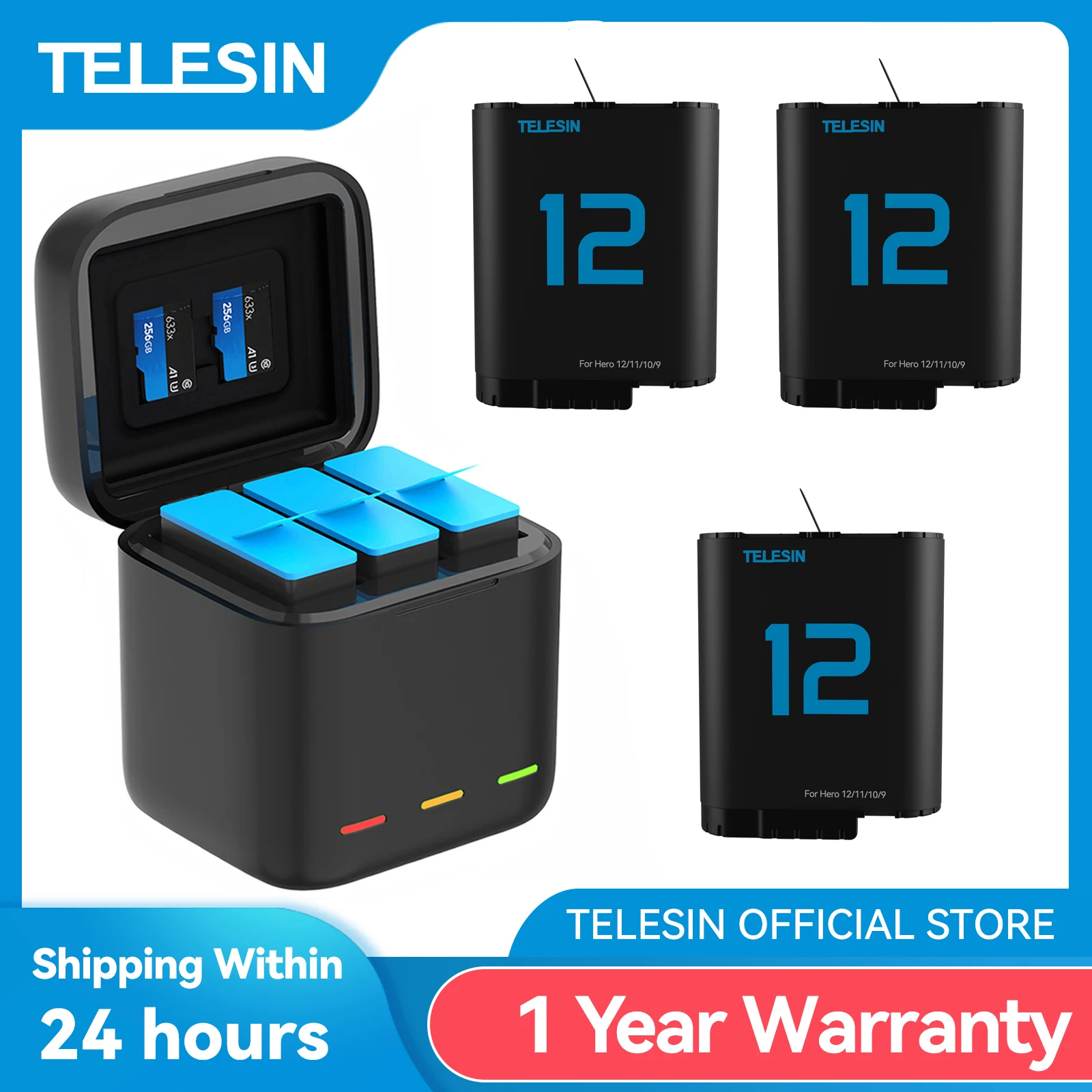 TELESIN 고프로 히어로 12 11 10 9 1750 mAh 배터리