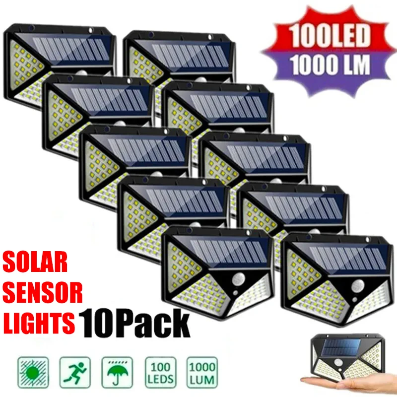 1/2/4/6/10PCS 100 LED 태양 벽 램프 4 측면 모션 센서로 빛나는 야외 정원 안뜰 방수 벽 조명